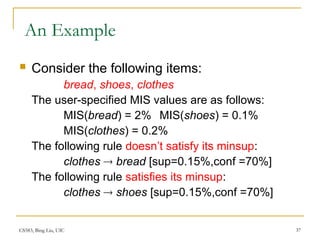 CS583, Bing Liu, UIC 37
An Example
 Consider the following items:
bread, shoes, clothes
The user-specified MIS values are as follows:
MIS(bread) = 2% MIS(shoes) = 0.1%
MIS(clothes) = 0.2%
The following rule doesn’t satisfy its minsup:
clothes  bread [sup=0.15%,conf =70%]
The following rule satisfies its minsup:
clothes  shoes [sup=0.15%,conf =70%]
 