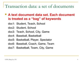 CS583, Bing Liu, UIC 6
Transaction data: a set of documents
 A text document data set. Each document
is treated as a “bag” of keywords
doc1: Student, Teach, School
doc2: Student, School
doc3: Teach, School, City, Game
doc4: Baseball, Basketball
doc5: Basketball, Player, Spectator
doc6: Baseball, Coach, Game, Team
doc7: Basketball, Team, City, Game
 
