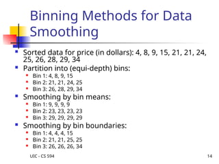 UIC - CS 594 14
Binning Methods for Data
Smoothing
 Sorted data for price (in dollars): 4, 8, 9, 15, 21, 21, 24,
25, 26, 28, 29, 34
 Partition into (equi-depth) bins:

Bin 1: 4, 8, 9, 15

Bin 2: 21, 21, 24, 25

Bin 3: 26, 28, 29, 34
 Smoothing by bin means:
 Bin 1: 9, 9, 9, 9

Bin 2: 23, 23, 23, 23

Bin 3: 29, 29, 29, 29
 Smoothing by bin boundaries:

Bin 1: 4, 4, 4, 15

Bin 2: 21, 21, 25, 25

Bin 3: 26, 26, 26, 34
 