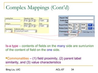 Bing Liu, UIC ACL-07 34
Complex Mappings (Cont’d)
Is-a type – contents of fields on the many side are sum/union
of the content of field on the one side.
Commonalities – (1) field proximity, (2) parent label
similarity, and (3) value characteristics
 