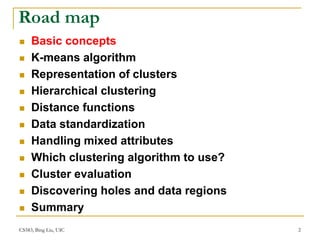CS583, Bing Liu, UIC 2
Road map
 Basic concepts
 K-means algorithm
 Representation of clusters
 Hierarchical clustering
 Distance functions
 Data standardization
 Handling mixed attributes
 Which clustering algorithm to use?
 Cluster evaluation
 Discovering holes and data regions
 Summary
 