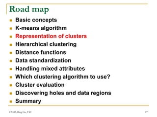 CS583, Bing Liu, UIC 27
Road map
 Basic concepts
 K-means algorithm
 Representation of clusters
 Hierarchical clustering
 Distance functions
 Data standardization
 Handling mixed attributes
 Which clustering algorithm to use?
 Cluster evaluation
 Discovering holes and data regions
 Summary
 