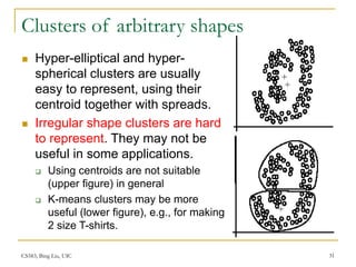 CS583, Bing Liu, UIC 31
Clusters of arbitrary shapes
 Hyper-elliptical and hyper-
spherical clusters are usually
easy to represent, using their
centroid together with spreads.
 Irregular shape clusters are hard
to represent. They may not be
useful in some applications.
 Using centroids are not suitable
(upper figure) in general
 K-means clusters may be more
useful (lower figure), e.g., for making
2 size T-shirts.
 