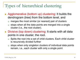 CS583, Bing Liu, UIC 34
Types of hierarchical clustering
 Agglomerative (bottom up) clustering: It builds the
dendrogram (tree) from the bottom level, and
 merges the most similar (or nearest) pair of clusters
 stops when all the data points are merged into a single
cluster (i.e., the root cluster).
 Divisive (top down) clustering: It starts with all data
points in one cluster, the root.
 Splits the root into a set of child clusters. Each child cluster
is recursively divided further
 stops when only singleton clusters of individual data points
remain, i.e., each cluster with only a single point
 