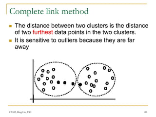 CS583, Bing Liu, UIC 40
Complete link method
 The distance between two clusters is the distance
of two furthest data points in the two clusters.
 It is sensitive to outliers because they are far
away
 