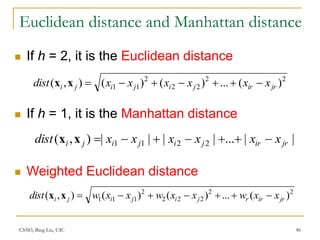 CS583, Bing Liu, UIC 46
Euclidean distance and Manhattan distance
 If h = 2, it is the Euclidean distance
 If h = 1, it is the Manhattan distance
 Weighted Euclidean distance
2
2
2
2
2
1
1 )
(
...
)
(
)
(
)
,
( jr
ir
j
i
j
i
j
i x
x
x
x
x
x
dist 






x
x
|
|
...
|
|
|
|
)
,
( 2
2
1
1 jr
ir
j
i
j
i
j
i x
x
x
x
x
x
dist 






x
x
2
2
2
2
2
2
1
1
1 )
(
...
)
(
)
(
)
,
( jr
ir
r
j
i
j
i
j
i x
x
w
x
x
w
x
x
w
dist 






x
x
 