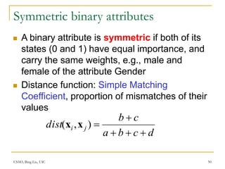 CS583, Bing Liu, UIC 50
Symmetric binary attributes
 A binary attribute is symmetric if both of its
states (0 and 1) have equal importance, and
carry the same weights, e.g., male and
female of the attribute Gender
 Distance function: Simple Matching
Coefficient, proportion of mismatches of their
values
d
c
b
a
c
b
dist j
i





)
,
( x
x
 