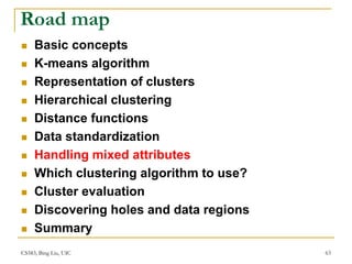CS583, Bing Liu, UIC 63
Road map
 Basic concepts
 K-means algorithm
 Representation of clusters
 Hierarchical clustering
 Distance functions
 Data standardization
 Handling mixed attributes
 Which clustering algorithm to use?
 Cluster evaluation
 Discovering holes and data regions
 Summary
 