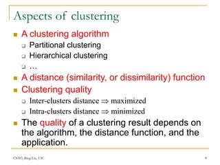 CS583, Bing Liu, UIC 8
Aspects of clustering
 A clustering algorithm
 Partitional clustering
 Hierarchical clustering
 …
 A distance (similarity, or dissimilarity) function
 Clustering quality
 Inter-clusters distance  maximized
 Intra-clusters distance  minimized
 The quality of a clustering result depends on
the algorithm, the distance function, and the
application.
 