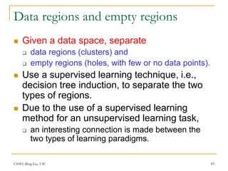 CS583, Bing Liu, UIC 83
Data regions and empty regions
 Given a data space, separate
 data regions (clusters) and
 empty regions (holes, with few or no data points).
 Use a supervised learning technique, i.e.,
decision tree induction, to separate the two
types of regions.
 Due to the use of a supervised learning
method for an unsupervised learning task,
 an interesting connection is made between the
two types of learning paradigms.
 