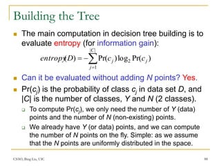 CS583, Bing Liu, UIC 88
Building the Tree
 The main computation in decision tree building is to
evaluate entropy (for information gain):
 Can it be evaluated without adding N points? Yes.
 Pr(cj) is the probability of class cj in data set D, and
|C| is the number of classes, Y and N (2 classes).
 To compute Pr(cj), we only need the number of Y (data)
points and the number of N (non-existing) points.
 We already have Y (or data) points, and we can compute
the number of N points on the fly. Simple: as we assume
that the N points are uniformly distributed in the space.
)
Pr(
log
)
Pr(
)
(
|
|
1
2 j
C
j
j c
c
D
entropy 



 