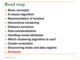 CS583, Bing Liu, UIC 94
Road map
 Basic concepts
 K-means algorithm
 Representation of clusters
 Hierarchical clustering
 Distance functions
 Data standardization
 Handling mixed attributes
 Which clustering algorithm to use?
 Cluster evaluation
 Discovering holes and data regions
 Summary
 