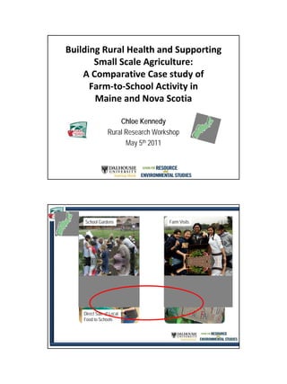 Building Rural Health and Supporting 
       Small Scale Agriculture:
    A Comparative Case study of
      Farm‐to‐School Activity in
       Maine and Nova Scotia

                     Chloe Kennedy
                 Rural Research Workshop
                       May 5th 2011




    School Gardens                  Farm Visits




    Direct Sale of Local
    Food to Schools
 