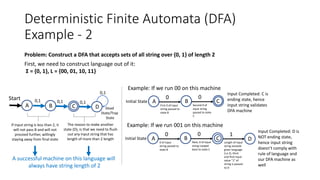 Deterministic Finite Automata (DFA)
Example - 2
Problem: Construct a DFA that accepts sets of all string over {0, 1} of length 2
First, we need to construct language out of it:
Σ = {0, 1}, L = {00, 01, 10, 11}
A
A successful machine on this language will
always have string length of 2
Dead
State/Trap
State
Example: If we run 00 on this machine
Initial State A
First 0 of input
string passed to
state B
0
B
Second 0 of
input string
passed to state
C
0
C
Input Completed: C is
ending state, hence
input string validates
DFA machine
Example: If we run 001 on this machine
Initial State A
0 of input
string passed to
state B
0
B
Next, 0 of input
string Looped
back to state C
0
C
Length of input
string exceeds
given language
(i.e 2), third
and final input
value “1” of
string is passed
to D
1
D
Input Completed: D is
NOT ending state,
hence input string
doesn’t comply with
rule of language and
our DFA machine as
well
B C D
Start 0,1 0,1 0,1
0,1
The reason to make another
state (D), is that we need to flush
out any input string that has
length of more than 2 length
If input string is less than 2, it
will not pass B and will not
proceed further, willingly
staying away from final state
 
