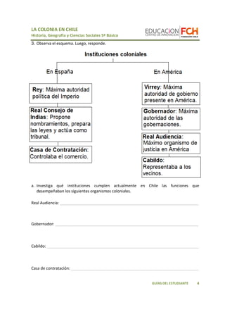 LA COLONIA EN CHILE 
Historia, Geografía y Ciencias Sociales 5º Básico 
4 
GUÍAS DEL ESTUDIANTE 
3. Observa el esquema. Luego, responde. 
a. Investiga qué instituciones cumplen actualmente en Chile las funciones que 
desempeñaban los siguientes organismos coloniales. 
Real Audiencia: _______________________________________________________________ 
Gobernador: _________________________________________________________________ 
Cabildo: _____________________________________________________________________ 
Casa de contratación: __________________________________________________________ 
 