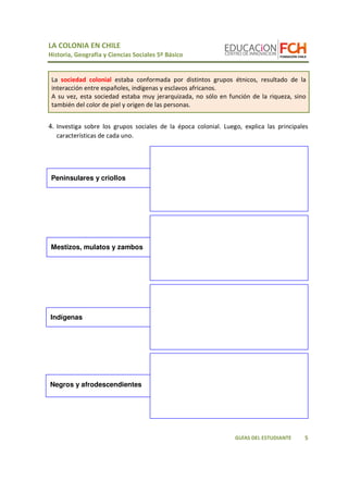 LA COLONIA EN CHILE 
Historia, Geografía y Ciencias Sociales 5º Básico 
La sociedad colonial estaba conformada por distintos grupos étnicos, resultado de la 
interacción entre españoles, indígenas y esclavos africanos. 
A su vez, esta sociedad estaba muy jerarquizada, no sólo en función de la riqueza, sino 
también del color de piel y origen de las personas. 
4. Investiga sobre los grupos sociales de la época colonial. Luego, explica las principales 
5 
GUÍAS DEL ESTUDIANTE 
características de cada uno. 
Peninsulares y criollos 
Mestizos, mulatos y zambos 
Indígenas 
Negros y afrodescendientes 
 