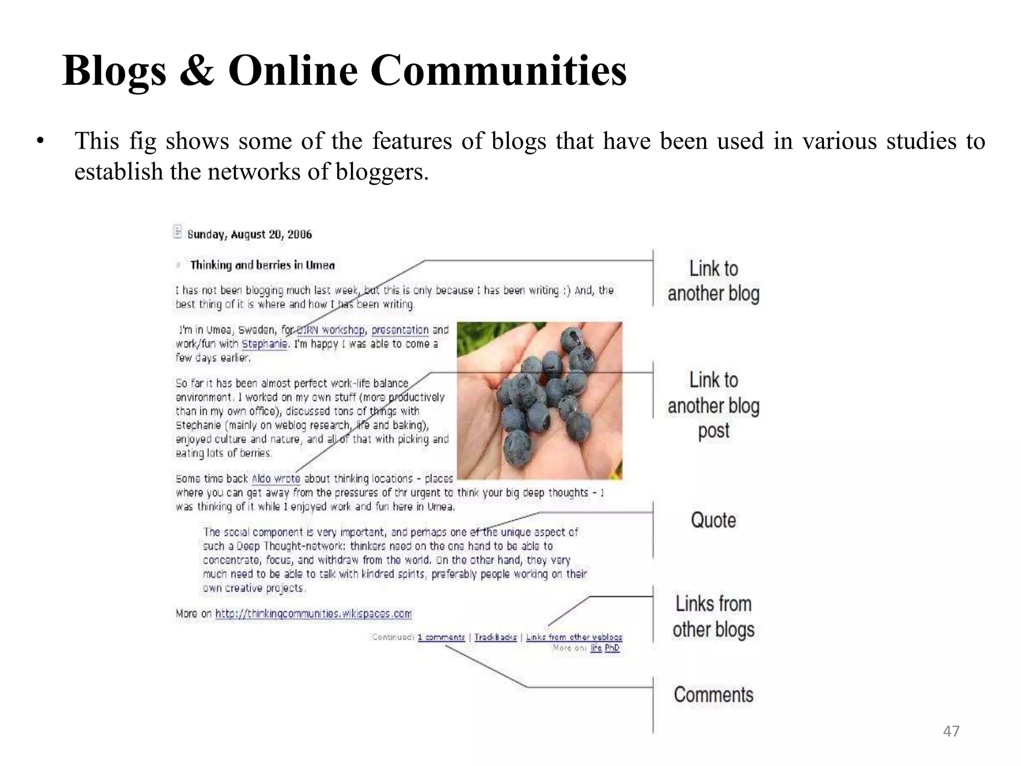 Blogs & Online Communities
• This fig shows some of the features of blogs that have been used in various studies to
establish the networks of bloggers.
47
 