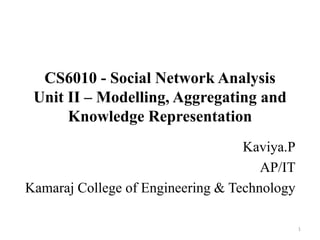 CS6010 - Social Network Analysis
Unit II – Modelling, Aggregating and
Knowledge Representation
Kaviya.P
AP/IT
Kamaraj College of Engineering & Technology
1
 