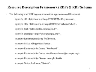 Resource Description Framework (RDF) & RDF Schema
• The following brief RDF document describes a person named Rembrandt
@p...