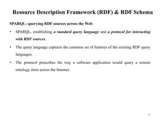 Resource Description Framework (RDF) & RDF Schema
SPARQL: querying RDF sources across the Web
• SPARQL, establishing a sta...