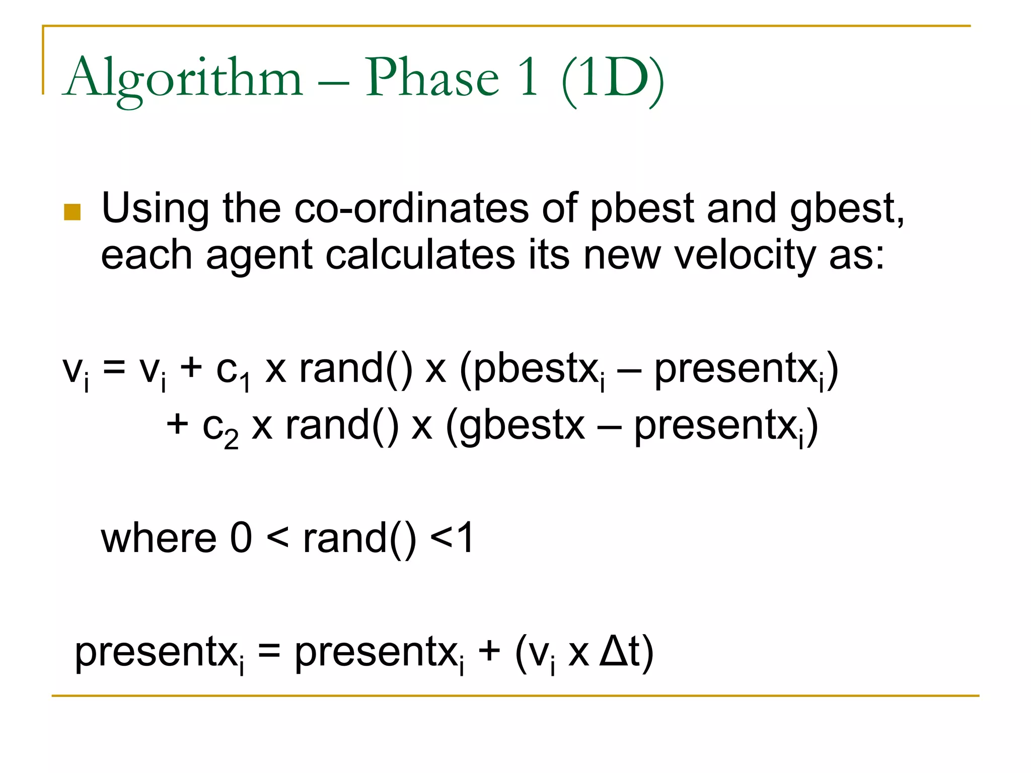 Algorithm – Phase 1 (1D)
 Using the co-ordinates of pbest and gbest,
each agent calculates its new velocity as:
vi = vi + c1 x rand() x (pbestxi – presentxi)
+ c2 x rand() x (gbestx – presentxi)
where 0 < rand() <1
presentxi = presentxi + (vi x Δt)
 