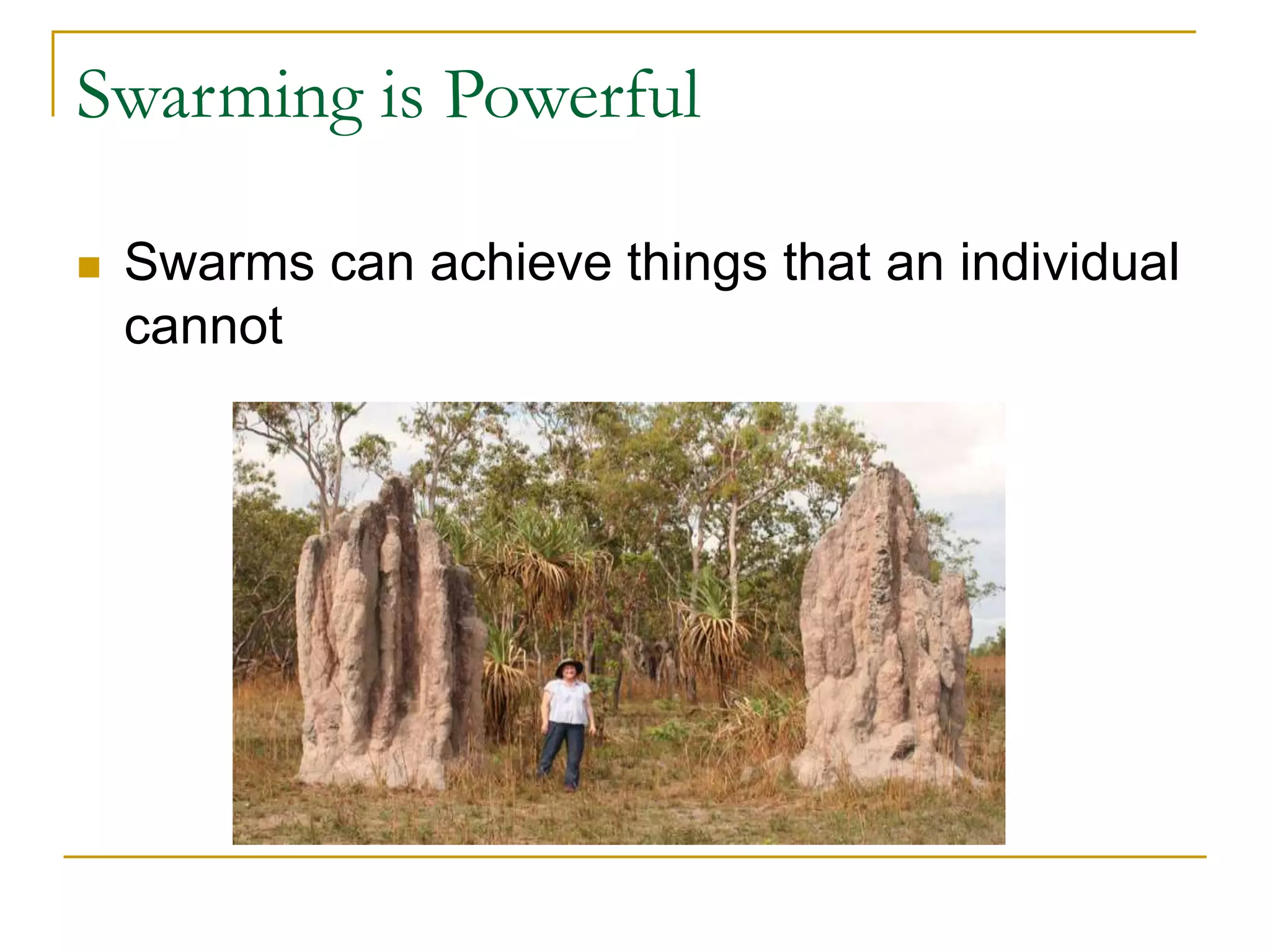 Swarming is Powerful
 Swarms can achieve things that an individual
cannot
 