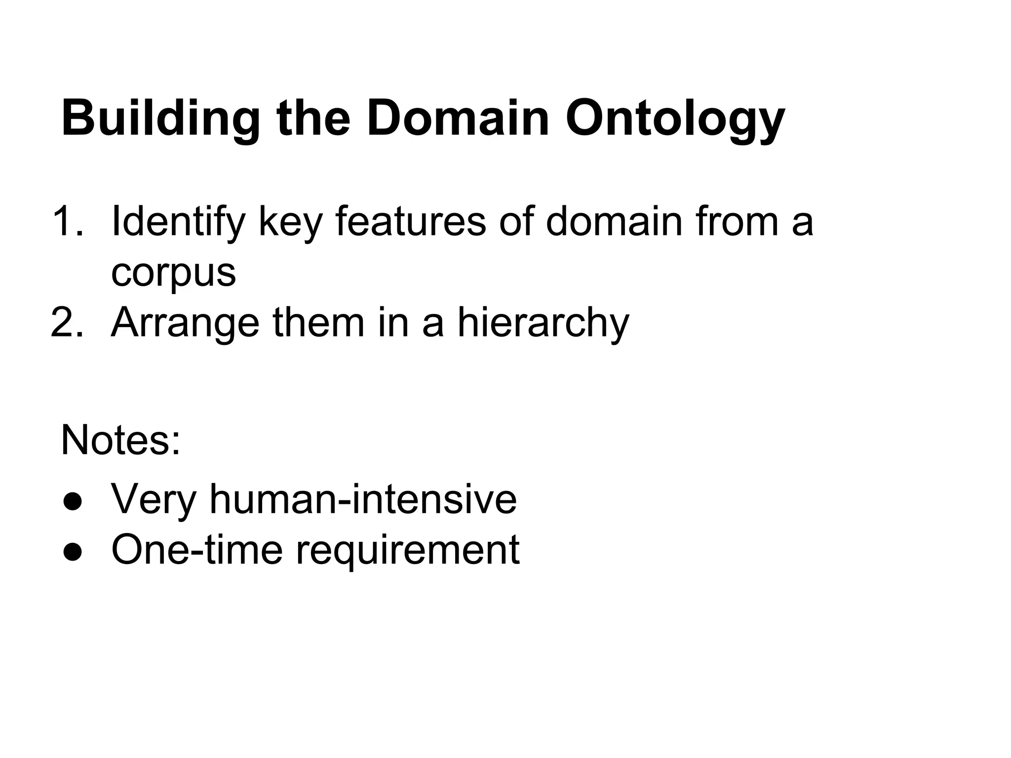 Building the Domain Ontology
1. Identify key features of domain from a
corpus
2. Arrange them in a hierarchy
Notes:
● Very human-intensive
● One-time requirement

 