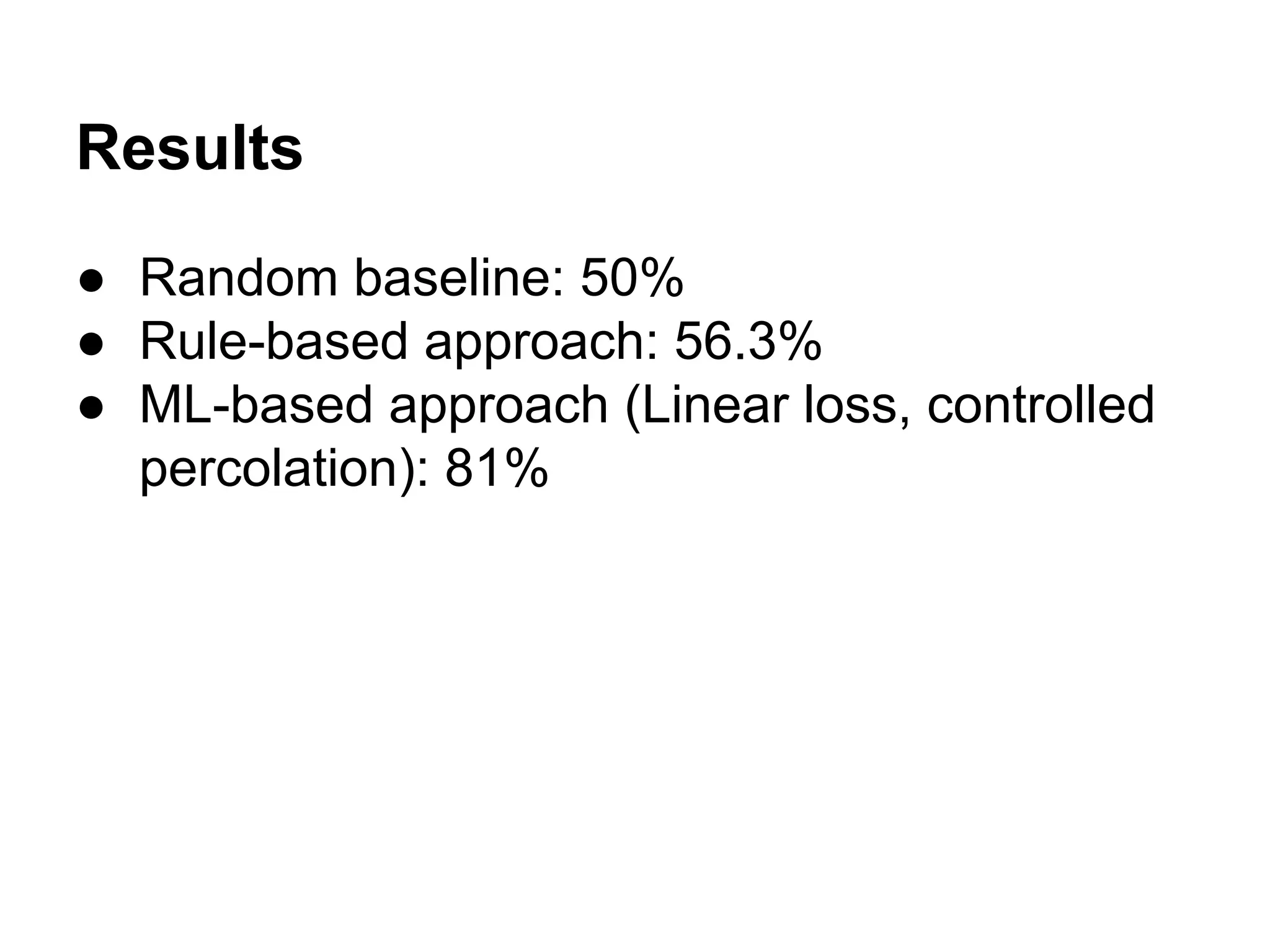 Results
● Random baseline: 50%
● Rule-based approach: 56.3%
● ML-based approach (Linear loss, controlled
percolation): 81%

 