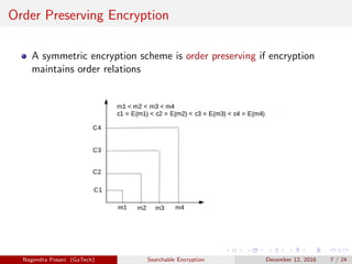 Order Preserving Encryption
A symmetric encryption scheme is order preserving if encryption
maintains order relations
Nagendra Posani (GaTech) Searchable Encryption December 12, 2016 7 / 24
 