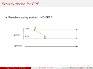 Security Notion for OPE
Provable security notions: IND-CPA?
Nagendra Posani (GaTech) Searchable Encryption December 12, 2016 9 / 24
 