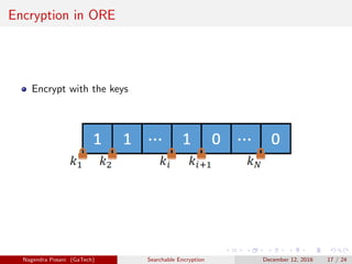 Encryption in ORE
Encrypt with the keys
Nagendra Posani (GaTech) Searchable Encryption December 12, 2016 17 / 24
 