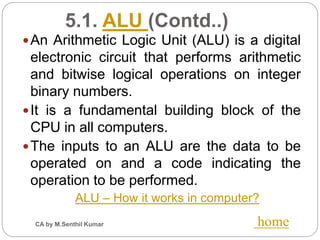 An Arithmetic Logic Unit (ALU) is a digital
electronic circuit that performs arithmetic
and bitwise logical operations on integer
binary numbers.
It is a fundamental building block of the
CPU in all computers.
The inputs to an ALU are the data to be
operated on and a code indicating the
operation to be performed.
ALU – How it works in computer?
5.1. ALU (Contd..)
CA by M.Senthil Kumar home
 