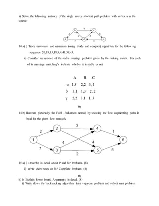 ii) Solve the following instance of the single source shortest path problem with vertex a as the
source.
14 a) i) Trace maximum and minimum (using divide and conquer) algorithm for the following
sequence 20,18,15,18,8,4,41,39,-3.
ii) Consider an instance of the stable marriage problem given by the ranking matrix. For each
of its marriage matching’s indicate whether it is stable or not
Or
14 b) Illustrate pictorially the Ford –Fulkerson method by showing the flow augmenting paths in
bold for the given flow network
15 a) i) Describe in detail about P and NP Problems (8)
ii) Write short notes on NP Complete Problem (8)
Or
b) i) Explain lower bound Arguments in detail. (8)
ii) Write down the backtracking algorithm for n – queens problem and subset sum problem.
 