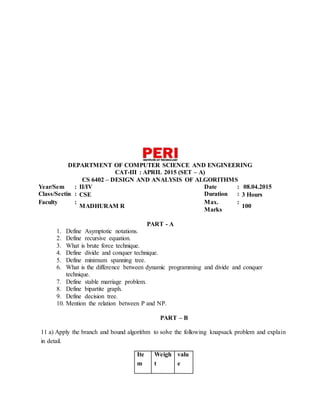 DEPARTMENT OF COMPUTER SCIENCE AND ENGINEERING
CAT-III : APRIL 2015 (SET – A)
CS 6402 – DESIGN AND ANALYSIS OF ALGORITHMS
Year/Sem : II/IV Date : 08.04.2015
Class/Sectin : CSE Duration : 3 Hours
Faculty :
MADHURAM R
Max.
Marks
:
100
PART - A
1. Define Asymptotic notations.
2. Define recursive equation.
3. What is brute force technique.
4. Define divide and conquer technique.
5. Define minimum spanning tree.
6. What is the difference between dynamic programming and divide and conquer
technique.
7. Define stable marriage problem.
8. Define bipartite graph.
9. Define decision tree.
10. Mention the relation between P and NP.
PART – B
11 a) Apply the branch and bound algorithm to solve the following knapsack problem and explain
in detail.
Ite
m
Weigh
t
valu
e
 