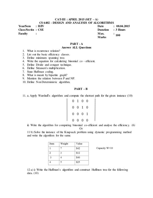 CS 6402 DESIGN AND ANALYSIS OF ALGORITHMS Questio
