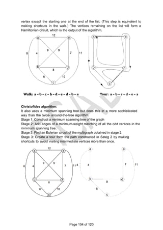 vertex except the starting one at the end of the list. (This step is equivalent to
making shortcuts in the walk.) The vertices remaining on the list will form a
Hamiltonian circuit, which is the output of the algorithm.
Christofides algorithm:
It also uses a minimum spanning tree but does this in a more sophisticated
way than the twice- around-the-tree algorithm.
Stage 1: Construct a minimum spanning tree of the graph
Stage 2: Add edges of a minimum-weight matching of all the odd vertices in the
minimum spanning tree.
Stage 3: Find an Eulerian circuit of the multigraph obtained in stage 2
Stage 3: Create a tour form the path constructed in Sateg 2 by making
shortcuts to avoid visiting intermediate vertices more than once.
Page 104 of 120
 