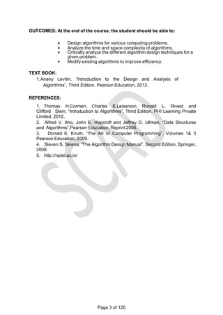 OUTCOMES: At the end of the course, the student should be able to:
 Design algorithms for various computing problems.
 Analyze the time and space complexity of algorithms.
 Critically analyze the different algorithm design techniques for a
given problem.
 Modify existing algorithms to improve efficiency.
TEXT BOOK:
1.Anany Levitin, ―Introduction to the Design and Analysis of
Algorithms‖, Third Edition, Pearson Education, 2012.
REFERENCES:
1. Thomas H.Cormen, Charles E.Leiserson, Ronald L. Rivest and
Clifford Stein, ―Introduction to Algorithms‖, Third Edition, PHI Learning Private
Limited, 2012.
2. Alfred V. Aho, John E. Hopcroft and Jeffrey D. Ullman, ―Data Structures
and Algorithms‖,Pearson Education, Reprint 2006.
3. Donald E. Knuth, ―The Art of Computer Programming‖, Volumes 1& 3
Pearson Education, 2009.
4. Steven S. Skiena, ―The Algorithm Design Manual‖, Second Edition, Springer,
2008.
5. http://nptel.ac.in/
Page 3 of 120
 