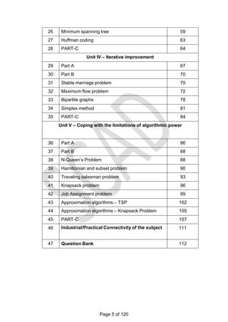 26 Minimum spanning tree 59
27 Huffman coding 63
28 PART-C 64
Unit IV – Iterative improvement
29 Part A 67
30 Part B 70
31 Stable marriage problem 70
32 Maximum flow problem 72
33 Bipartite graphs 78
34 Simplex method 81
35 PART-C 84
Unit V – Coping with the limitations of algorithmic power
36 Part A 86
37 Part B 88
38 N-Queen‘s Problem 88
39 Hamiltonian and subset problem 90
40 Traveling salesman problem 93
41 Knapsack problem 96
42 Job Assignment problem 99
43 Approximation algorithms – TSP 102
44 Approximation algorithms – Knapsack Problem 105
45 PART-C 107
46 Industrial/Practical Connectivity of the subject 111
47 Question Bank 112
Page 5 of 120
 