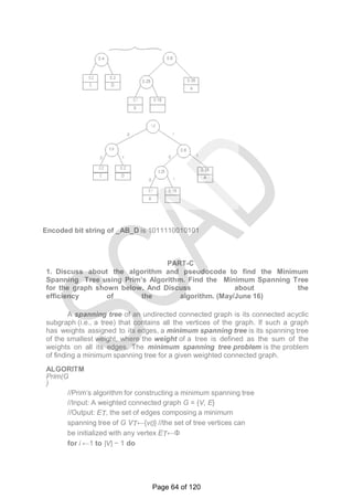 Encoded bit string of _AB_D is 1011110010101
PART-C
1. Discuss about the algorithm and pseudocode to find the Minimum
Spanning Tree using Prim’s Algorithm. Find the Minimum Spanning Tree
for the graph shown below. And Discuss about the
efficiency of the algorithm. (May/June 16)
A spanning tree of an undirected connected graph is its connected acyclic
subgraph (i.e., a tree) that contains all the vertices of the graph. If such a graph
has weights assigned to its edges, a minimum spanning tree is its spanning tree
of the smallest weight, where the weight of a tree is defined as the sum of the
weights on all its edges. The minimum spanning tree problem is the problem
of finding a minimum spanning tree for a given weighted connected graph.
ALGORITM
Prim(G
)
//Prim‗s algorithm for constructing a minimum spanning tree
//Input: A weighted connected graph G = {V, E}
//Output: ET, the set of edges composing a minimum
spanning tree of G VT←{v0} //the set of tree vertices can
be initialized with any vertex ET←Φ
for i ←1 to |V| − 1 do
Page 64 of 120
 