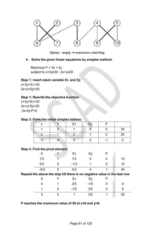 4. Solve the given linear equations by simplex method.
Maximize P = 3x + 4y
subject to x+3y≤30 ; 2x+y≤20
Step 1: insert slack variable S1 and S2
x+3y+S1=30
2x+y+S2=20
Step 1: Rewrite the objective function
x+3y+S1=30
2x+y+S2=20
-3x-4y-P=0
Step 3: Form the initial simplex tableau
x Y S1 S2 P
1 3 1 0 0 30
2 1 0 1 0 20
-3 -4 0 0 -1 0
Step 4: Find the pivot element
X Y S1 S2 P
1/3 1 1/3 0 0 10
5/3 0 -1/3 1 0 10
-5/3 0 4/3 0 1 40
Repeat the above the step till there is no negative value in the last row
X Y S1 S2 P
0 1 2/5 -1/5 0 8
1 0 -1/5 3/5 0 6
0 0 1 3/5 1 50
P reaches the maximum value of 50 at x=6 and y=8.
Page 81 of 120
 