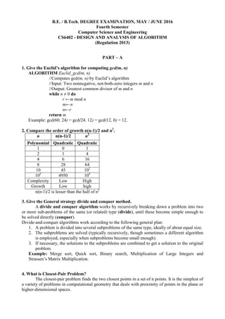 B.E. / B.Tech. DEGREE EXAMINATION, MAY / JUNE 2016
Fourth Semester
Computer Science and Engineering
CS6402 - DESIGN AND ANALYSIS OF ALGORITHM
(Regulation 2013)
PART – A
1. Give the Euclid’s algorithm for computing gcd(m, n)
ALGORITHM Euclid_gcd(m, n)
//Computes gcd(m, n) by Euclid’s algorithm
//Input: Two nonnegative, not-both-zero integers m and n
//Output: Greatest common divisor of m and n
while n ≠ 0 do
r ←m mod n
m←n
n←r
return m
Example: gcd(60, 24) = gcd(24, 12) = gcd(12, 0) = 12.
2. Compare the order of growth n(n-1)/2 and n2
.
n n(n-1)/2 n2
Polynomial Quadratic Quadratic
1 0 1
2 1 4
4 6 16
8 28 64
10 45 102
102
4950 104
Complexity Low High
Growth Low high
n(n-1)/2 is lesser than the half of n2
3. Give the General strategy divide and conquer method.
A divide and conquer algorithm works by recursively breaking down a problem into two
or more sub-problems of the same (or related) type (divide), until these become simple enough to
be solved directly (conquer).
Divide-and-conquer algorithms work according to the following general plan:
1. A problem is divided into several subproblems of the same type, ideally of about equal size.
2. The subproblems are solved (typically recursively, though sometimes a different algorithm
is employed, especially when subproblems become small enough).
3. If necessary, the solutions to the subproblems are combined to get a solution to the original
problem.
Example: Merge sort, Quick sort, Binary search, Multiplication of Large Integers and
Strassen’s Matrix Multiplication.
4. What is Closest-Pair Problem?
The closest-pair problem finds the two closest points in a set of n points. It is the simplest of
a variety of problems in computational geometry that deals with proximity of points in the plane or
higher-dimensional spaces.
 