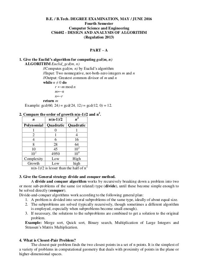 Cs6402 Design And Analysis Of Algorithms May June 2016 Answer Key