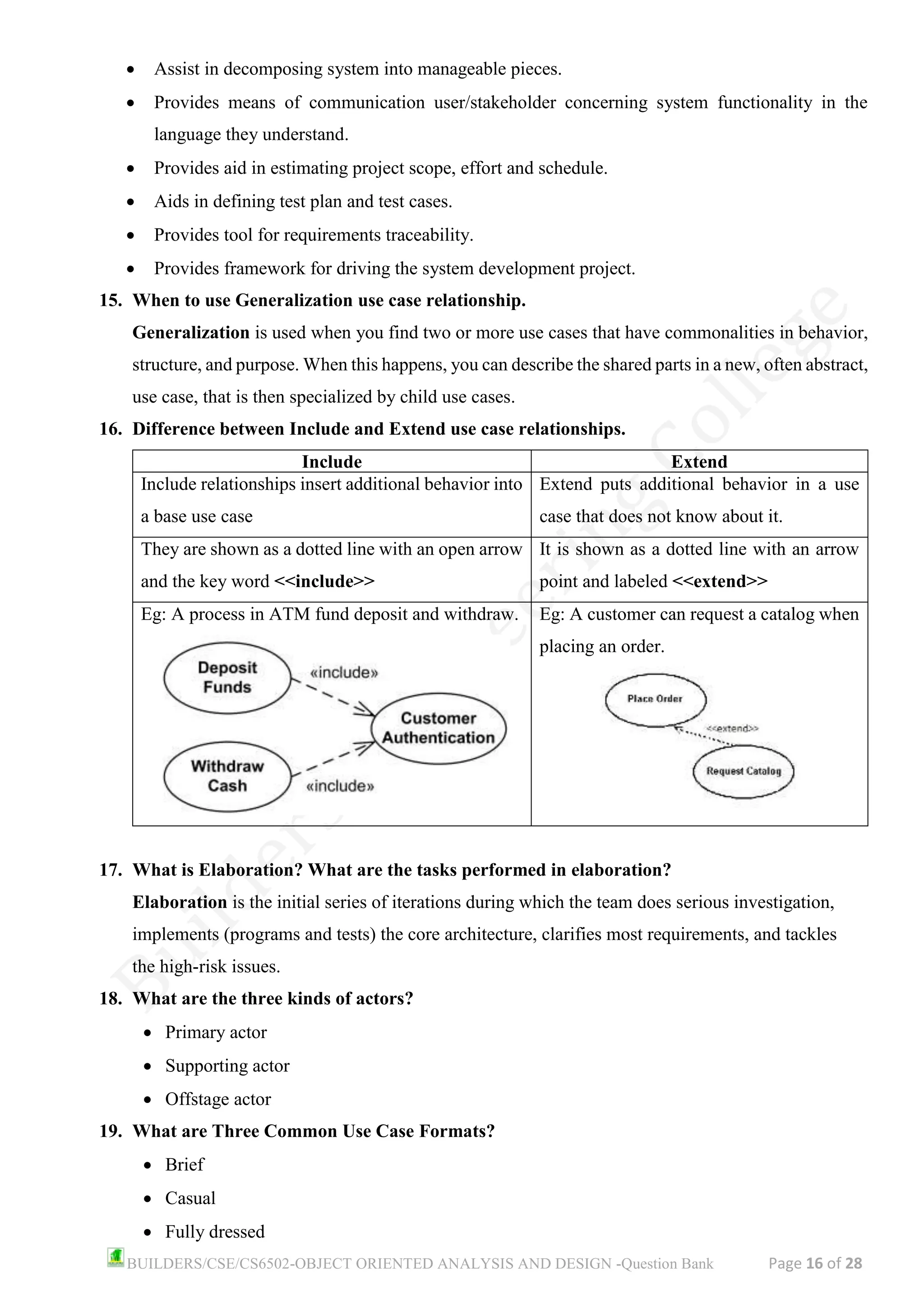 BUILDERS/CSE/CS6502-OBJECT ORIENTED ANALYSIS AND DESIGN -Question Bank Page 16 of 28
• Assist in decomposing system into manageable pieces.
• Provides means of communication user/stakeholder concerning system functionality in the
language they understand.
• Provides aid in estimating project scope, effort and schedule.
• Aids in defining test plan and test cases.
• Provides tool for requirements traceability.
• Provides framework for driving the system development project.
15. When to use Generalization use case relationship.
Generalization is used when you find two or more use cases that have commonalities in behavior,
structure, and purpose. When this happens, you can describe the shared parts in a new, often abstract,
use case, that is then specialized by child use cases.
16. Difference between Include and Extend use case relationships.
Include Extend
Include relationships insert additional behavior into
a base use case
Extend puts additional behavior in a use
case that does not know about it.
They are shown as a dotted line with an open arrow
and the key word <<include>>
It is shown as a dotted line with an arrow
point and labeled <<extend>>
Eg: A process in ATM fund deposit and withdraw. Eg: A customer can request a catalog when
placing an order.
17. What is Elaboration? What are the tasks performed in elaboration?
Elaboration is the initial series of iterations during which the team does serious investigation,
implements (programs and tests) the core architecture, clarifies most requirements, and tackles
the high-risk issues.
18. What are the three kinds of actors?
• Primary actor
• Supporting actor
• Offstage actor
19. What are Three Common Use Case Formats?
• Brief
• Casual
• Fully dressed
 