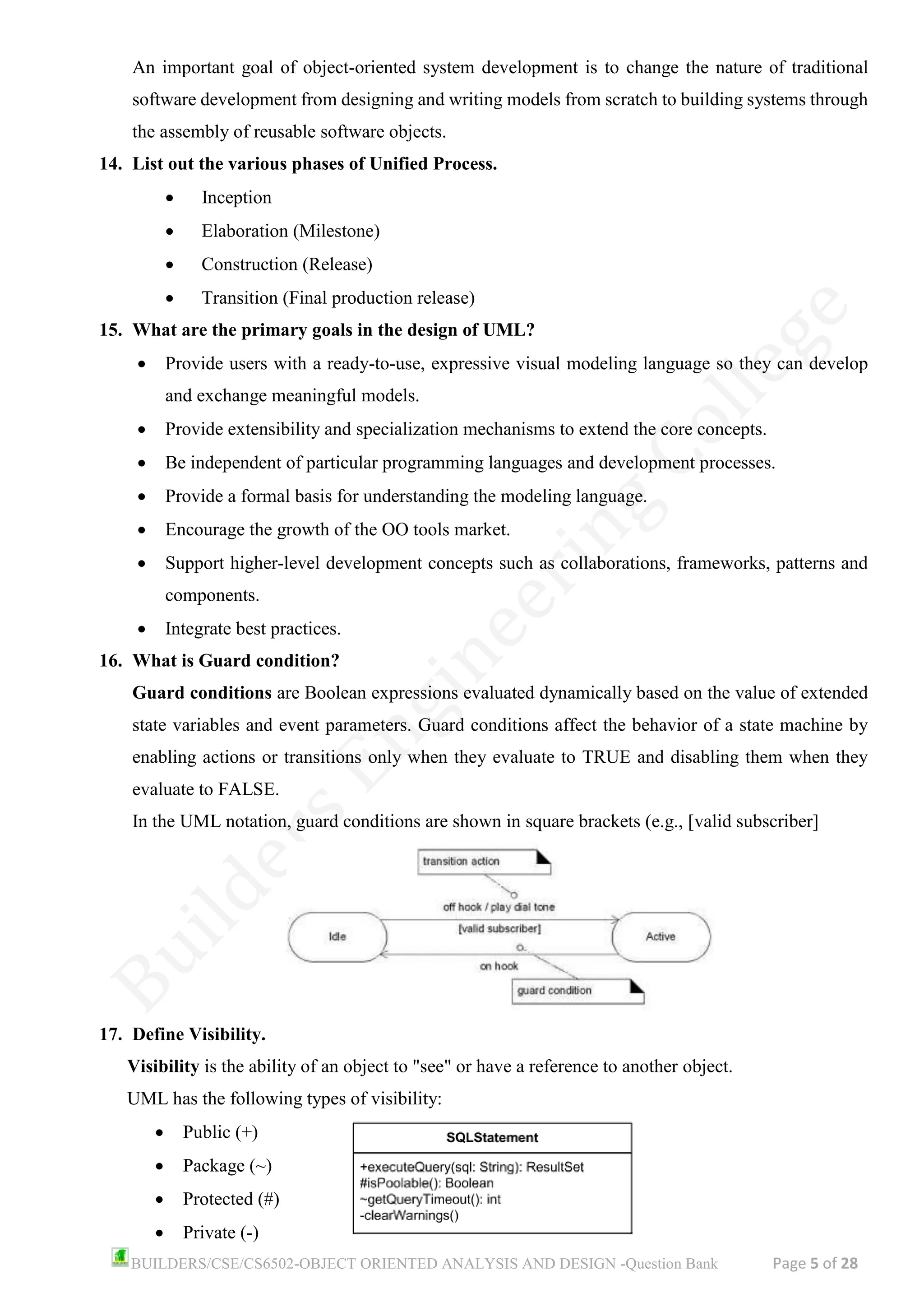BUILDERS/CSE/CS6502-OBJECT ORIENTED ANALYSIS AND DESIGN -Question Bank Page 5 of 28
An important goal of object-oriented system development is to change the nature of traditional
software development from designing and writing models from scratch to building systems through
the assembly of reusable software objects.
14. List out the various phases of Unified Process.
• Inception
• Elaboration (Milestone)
• Construction (Release)
• Transition (Final production release)
15. What are the primary goals in the design of UML?
• Provide users with a ready-to-use, expressive visual modeling language so they can develop
and exchange meaningful models.
• Provide extensibility and specialization mechanisms to extend the core concepts.
• Be independent of particular programming languages and development processes.
• Provide a formal basis for understanding the modeling language.
• Encourage the growth of the OO tools market.
• Support higher-level development concepts such as collaborations, frameworks, patterns and
components.
• Integrate best practices.
16. What is Guard condition?
Guard conditions are Boolean expressions evaluated dynamically based on the value of extended
state variables and event parameters. Guard conditions affect the behavior of a state machine by
enabling actions or transitions only when they evaluate to TRUE and disabling them when they
evaluate to FALSE.
In the UML notation, guard conditions are shown in square brackets (e.g., [valid subscriber]
17. Define Visibility.
Visibility is the ability of an object to "see" or have a reference to another object.
UML has the following types of visibility:
• Public (+)
• Package (~)
• Protected (#)
• Private (-)
 