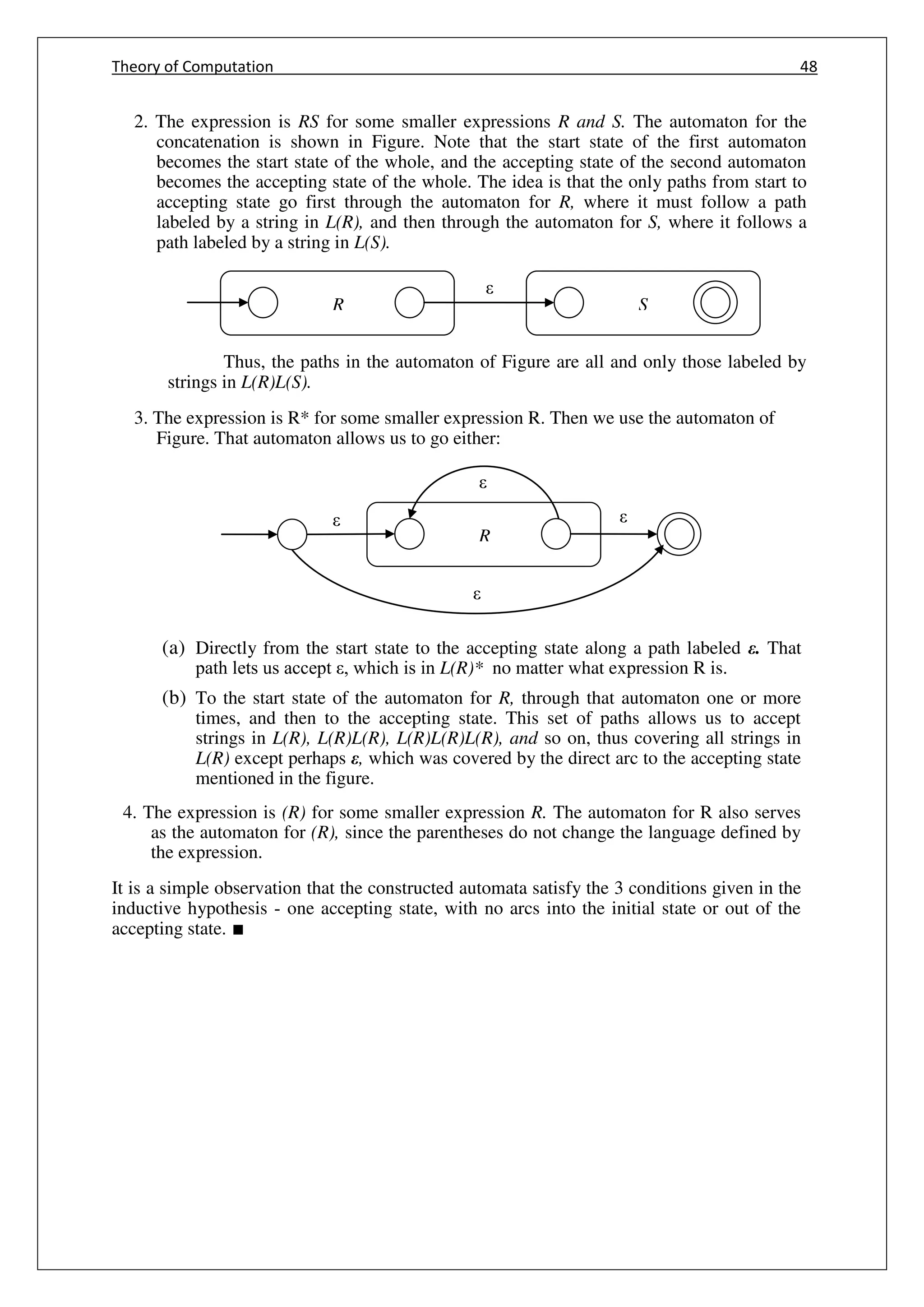 Theory of Computation 48
2. The expression is RS for some smaller expressions R and S. The automaton for the
concatenation is shown in Figure. Note that the start state of the first automaton
becomes the start state of the whole, and the accepting state of the second automaton
becomes the accepting state of the whole. The idea is that the only paths from start to
accepting state go first through the automaton for R, where it must follow a path
labeled by a string in L(R), and then through the automaton for S, where it follows a
path labeled by a string in L(S).
Thus, the paths in the automaton of Figure are all and only those labeled by
strings in L(R)L(S).
3. The expression is R* for some smaller expression R. Then we use the automaton of
Figure. That automaton allows us to go either:
(a) Directly from the start state to the accepting state along a path labeled ε. That
path lets us accept , which is in L(R)* no matter what expression R is.
(b) To the start state of the automaton for R, through that automaton one or more
times, and then to the accepting state. This set of paths allows us to accept
strings in L(R), L(R)L(R), L(R)L(R)L(R), and so on, thus covering all strings in
L(R) except perhaps ε, which was covered by the direct arc to the accepting state
mentioned in the figure.
4. The expression is (R) for some smaller expression R. The automaton for R also serves
as the automaton for (R), since the parentheses do not change the language defined by
the expression.
It is a simple observation that the constructed automata satisfy the 3 conditions given in the
inductive hypothesis - one accepting state, with no arcs into the initial state or out of the
accepting state. ∎
R
R S
 