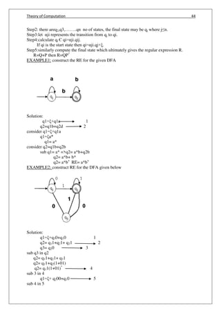 Theory of Computation 44
Step2: there areq2,q3,……..qn no of states, the final state may be qj where j≤n.
Step3:let αji represents the transition from qj to qi.
Step4:calculate qi Є qi=αji.qij.
If qi is the start state then qi=αji.qj+ξ.
Step5:similarly compute the final state which ultimately gives the regular expression R.
R=Q+P then R=QP*
EXAMPLE1: construct the RE for the given DFA
Solution:
q1=ξ+q1a 1
q2=q1b+q2d 2
consider q1=ξ+q1a
q1=ξa*
q1= a*
consider q2=q1b+q2b
sub q1= a* =>q2= a*b+q2b
q2= a*b+ b*
q2= a*b+
RE= a*b+
EXAMPLE2: construct RE for the DFA given below
Solution:
q1=ξ+q30+q10 1
q2= q11+q21+ q31 2
q3= q20 3
sub q3 in q2
q2= q11+q21+ q31
q2= q11+q2(1+01)
q2= q11(1+01)*
4
sub 3 in 4
q1=ξ+ q200+q10 5
sub 4 in 5
 