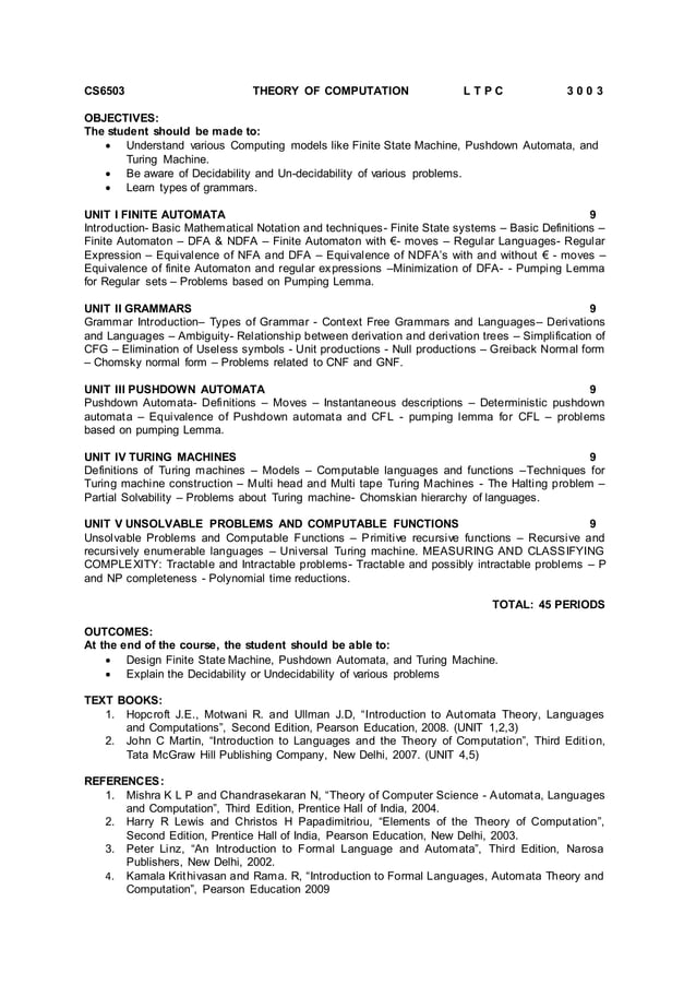 Cs6503 theory of computation syllabus | DOCX | Programming Languages ...