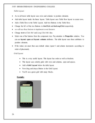 5105 –BHARATHIDASAN ENGINEERING COLLEGE
26
Table Layout:
 As we all know table layout uses rows and columns to position elements.
 Add table layout inside the linear layout. Table layout uses Table Row layout to create rows.
 Add a Table Row to the Table Layout. Add two Buttons to the Table Row.
 Change the Id’s of the two Buttons to btnClick and btnLongClick respectively.
 we will use these buttons to implement event listeners
 Change text to Click Me! and Long Click Me! also.
 Select one of the buttons from the component tree. Pay attention to Properties window. You
can see layout: span and layout: column attributes. The table layout uses these attributes to
position elements.
 If the values are unset then uses default values (span=1 and column increments according to
order of placement).
Grid Layout
 This is a very useful layout. This layout has order as well as freedom.
 This layout uses orderly grids with rows and columns, span and spaces.
 Add a Grid Layout below the table layout.
 Now drag and drop a Button to the Grid Layout.
 You’ll see a green grid with many blocks.
Example:
 