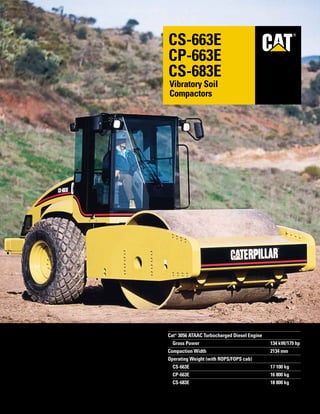 Cat®
3056 ATAAC Turbocharged Diesel Engine
Gross Power 134 kW/179 hp
Compaction Width 2134 mm
Operating Weight (with ROPS/FOPS cab)
CS-663E 17 100 kg
CP-663E 16 800 kg
CS-683E 18 800 kg
CS-663E
CP-663E
CS-683E
Vibratory Soil
Compactors
®
 