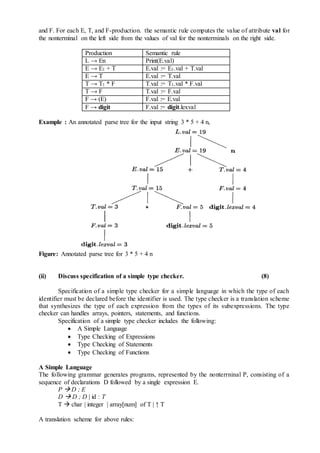 and F. For each E, T, and F-production. the semantic rule computes the value of attribute val for
the nonterminal on the left side from the values of val for the nonterminals on the right side.
Production Semantic rule
L → En Print(E.val)
E → E1 + T E.val := E1.val + T.val
E → T E.val := T.val
T → T1 * F T.val := T1.val * F.val
T → F T.val := F.val
F → (E) F.val := E.val
F → digit F.val := digit.lexval
Example : An annotated parse tree for the input string 3 * 5 + 4 n,
Figure: Annotated parse tree for 3 * 5 + 4 n
(ii) Discuss specification of a simple type checker. (8)
Specification of a simple type checker for a simple language in which the type of each
identifier must be declared before the identifier is used. The type checker is a translation scheme
that synthesizes the type of each expression from the types of its subexpressions. The type
checker can handles arrays, pointers, statements, and functions.
Specification of a simple type checker includes the following:
 A Simple Language
 Type Checking of Expressions
 Type Checking of Statements
 Type Checking of Functions
A Simple Language
The following grammar generates programs, represented by the nonterrninal P, consisting of a
sequence of declarations D followed by a single expression E.
P  D ; E
D  D ; D | id : T
T  char | integer | array[num] of T | ↑ T
A translation scheme for above rules:
 